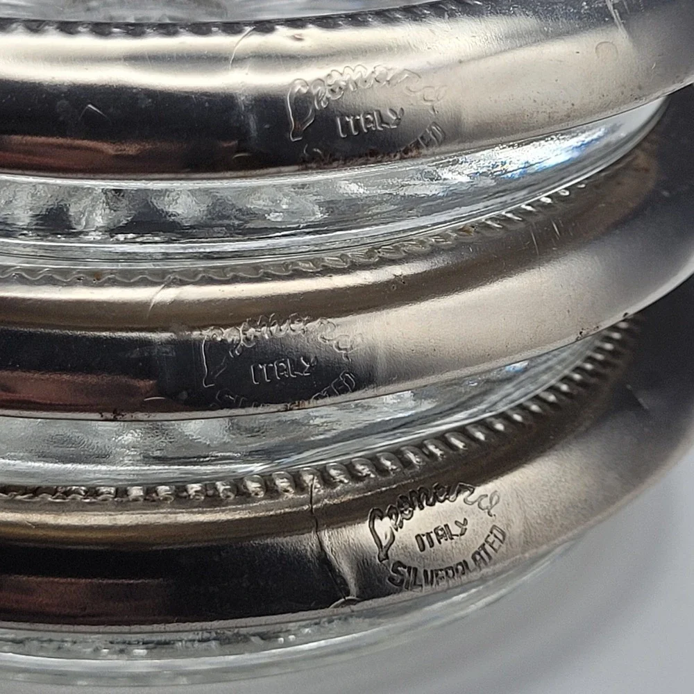 Leonard Silverplate Glass Coasters Set of 3 Made in Italy Sunburst Beaded Rim